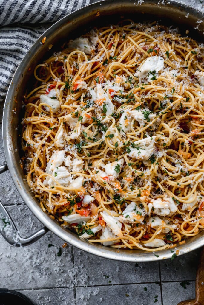Crab Spaghetti with Calabrian Chili Butter Sauce is spicy, delicate and infinitely easy to throw together. Perfect for date night in!