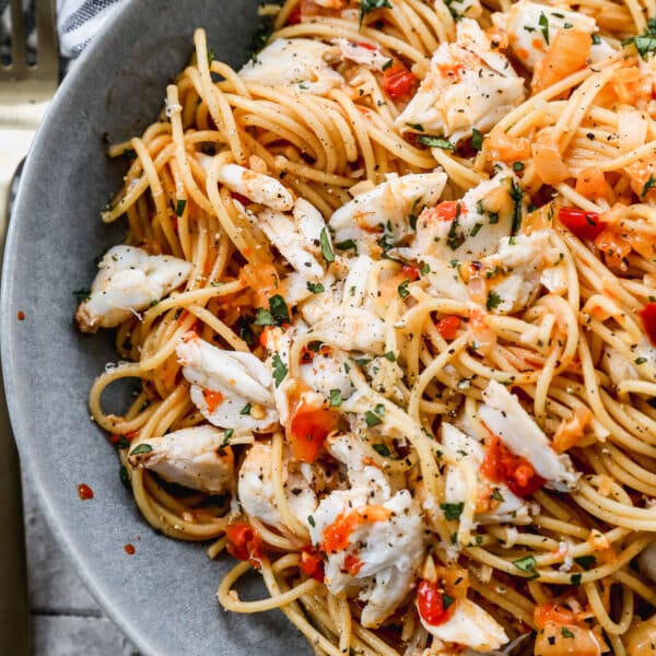 Crab Spaghetti with Calabrian Chili Butter Sauce is spicy, delicate and infinitely easy to throw together. Perfect for date night in!