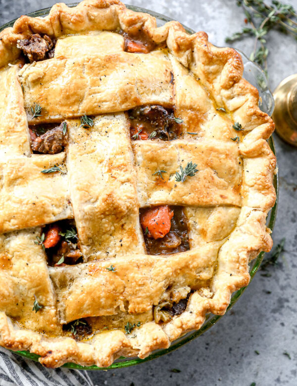Packed with tender chuck roast, caramelized onions, hearty mushrooms and a brandy-infused stew, our flaky pie-crust-wrapped Beef Pot Pie is the ultimate definition of winter cozy.
